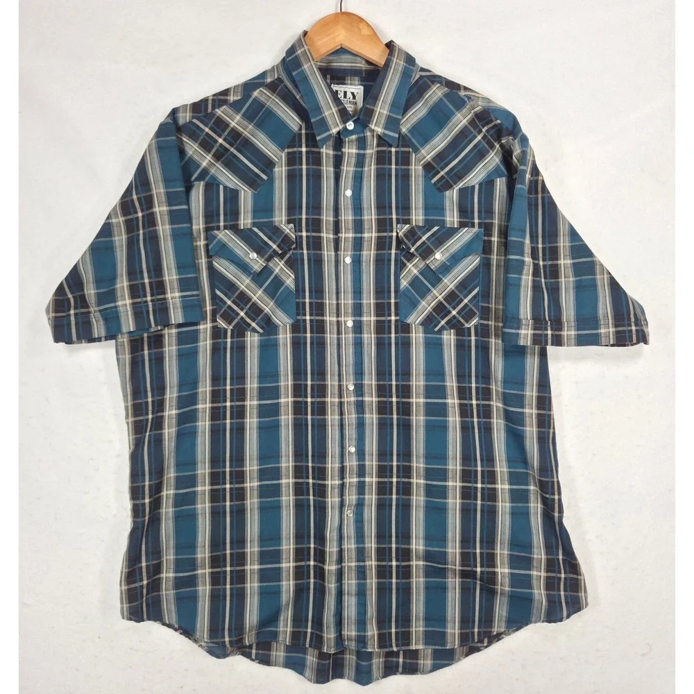 Ely Cattleman Mens XL Blue Plaid Western Short Sleeve Pearl Snap Cowboy Shirt